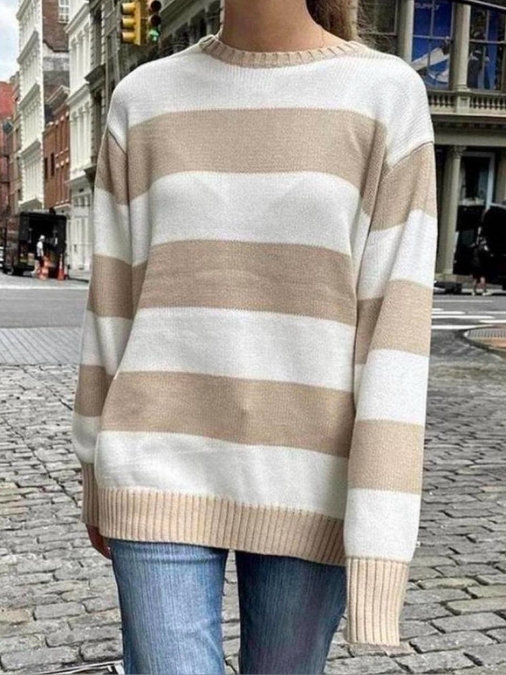 Brandy Melville Beige & White Striped Crewneck Sweater